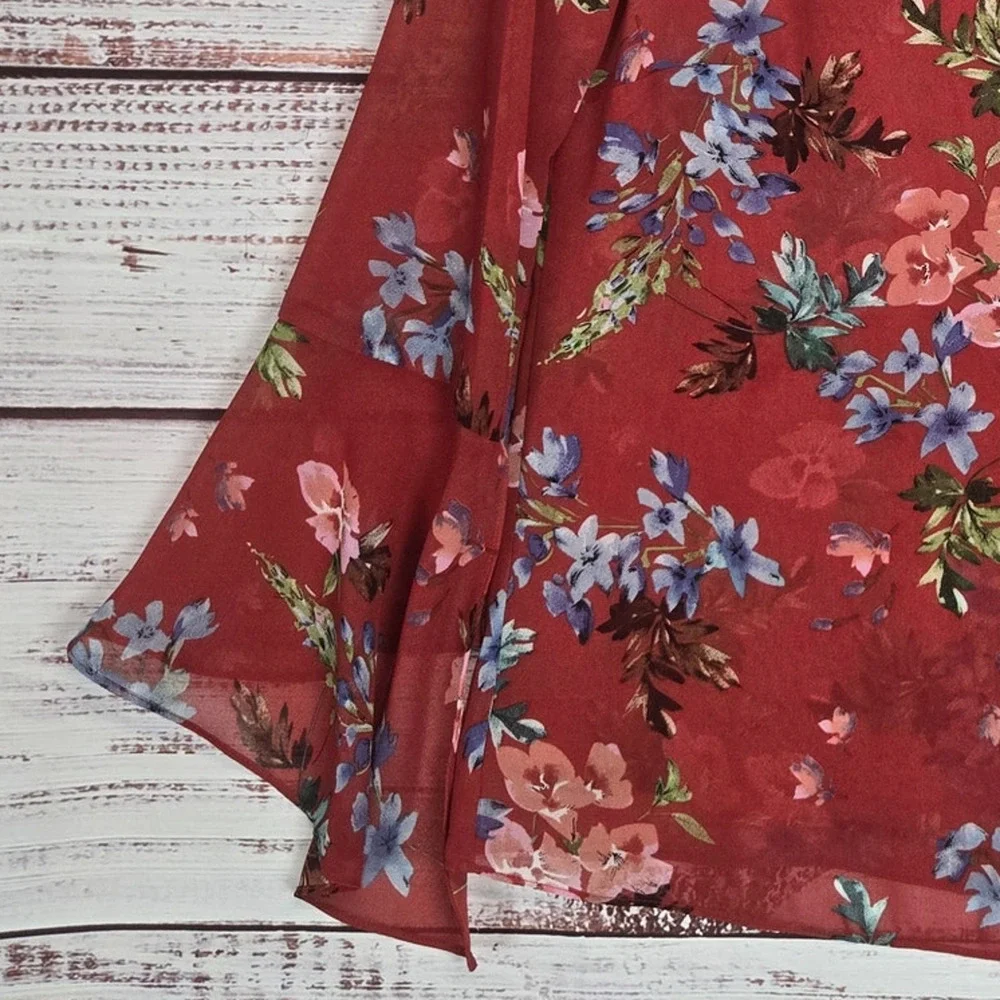 Cabi Devoted Red Floral Bell Sleeve Blouse S Sheer Lined Boho Festival Bloom Top
